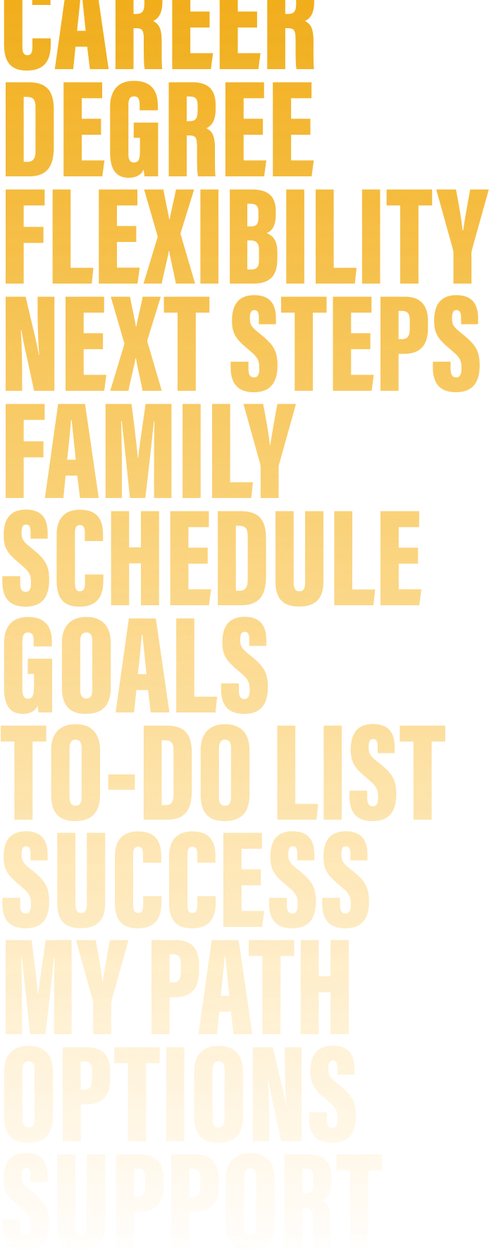 Athens Hero Text: Career, Degree, Flexibility, Next Steps, Family, Schedule, Goals, To-Do List, Success, My Path
