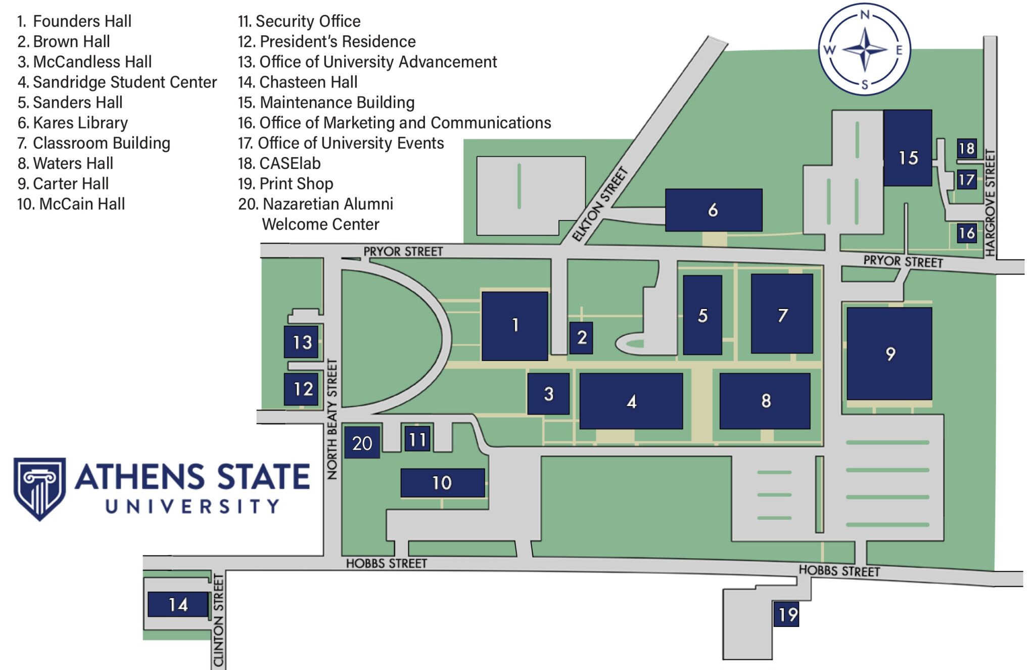 A map of the Athens state campus with buildings labelled numerically.